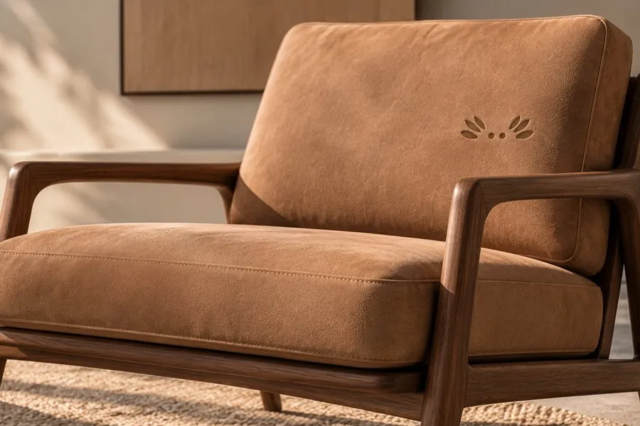 Lounge chair upholstered in the material, with a small Axoloro stamp