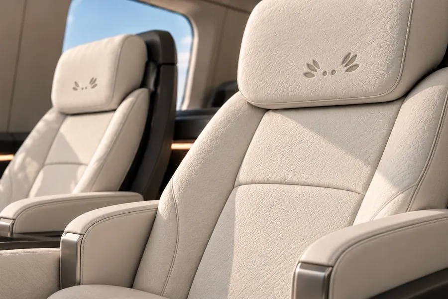 Cabin seats upholstered in the material, each headrest stamped with the Axoloro mark